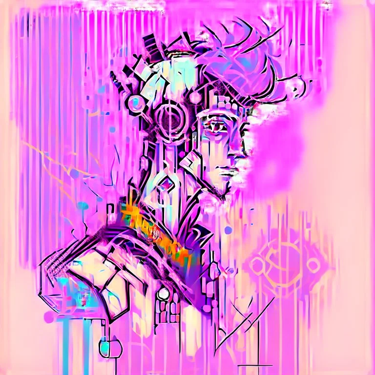 Male cypebpunk character connected to AI exploring other AI - Watercolour and Watercolour Painted Style - Jenny Rainey Style