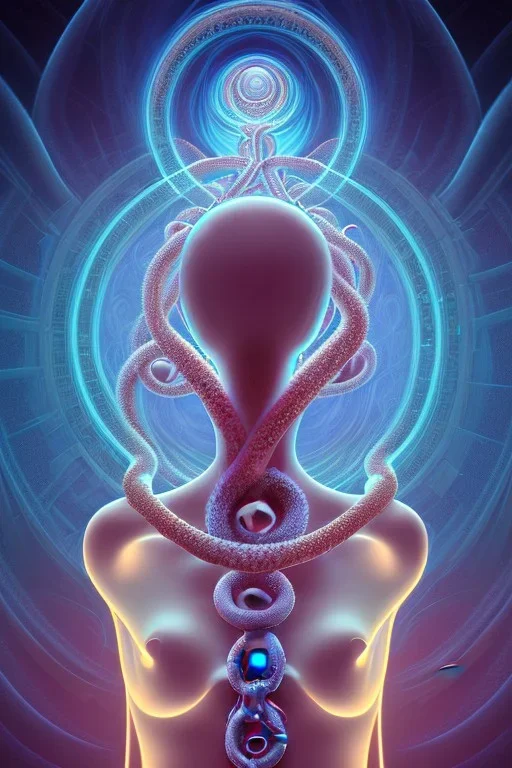 Spiritual being with Tentacles over human Head creating reality around, wrapping Spiral around Human, Psychedelic