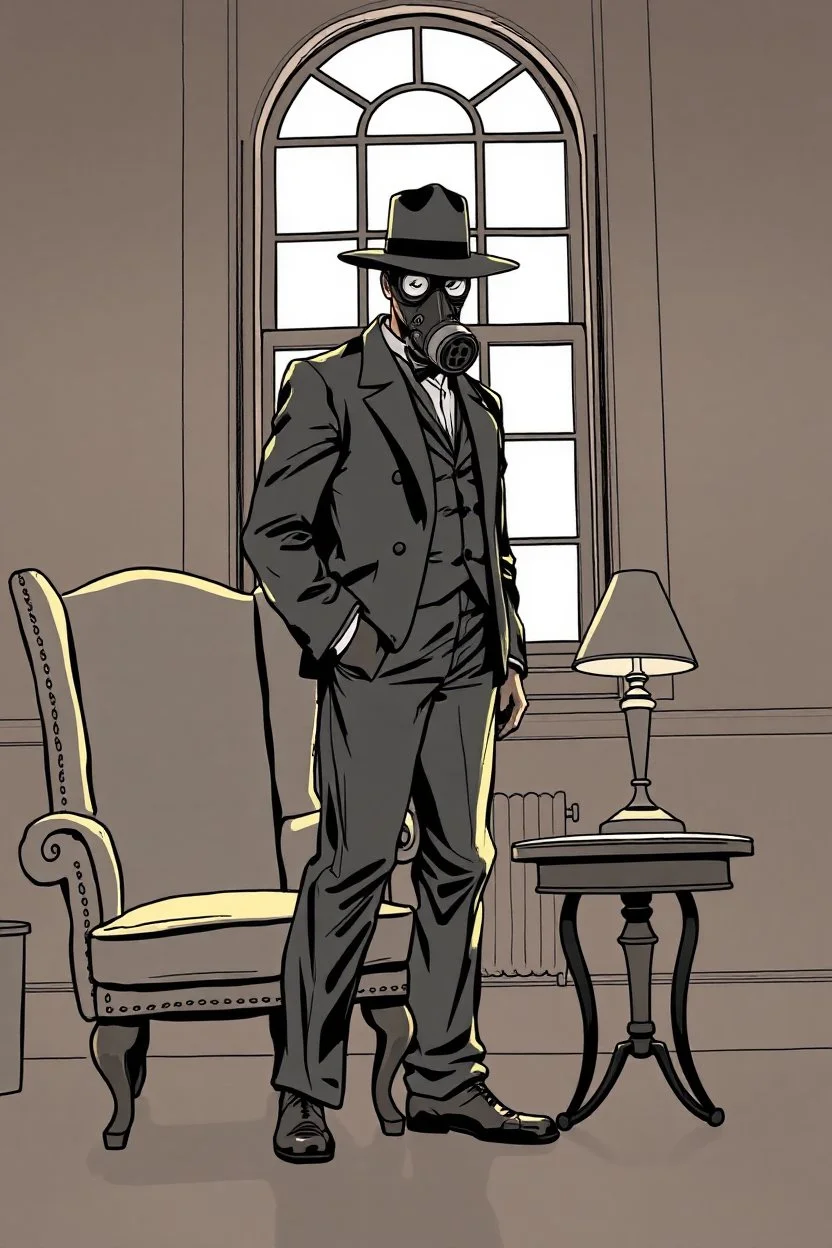wingback chair and a small table with lamp, with a man standing beside wearing a gas mask and wide brimmed flat top hat, elevated downward perspective, window at rear, graphic novel