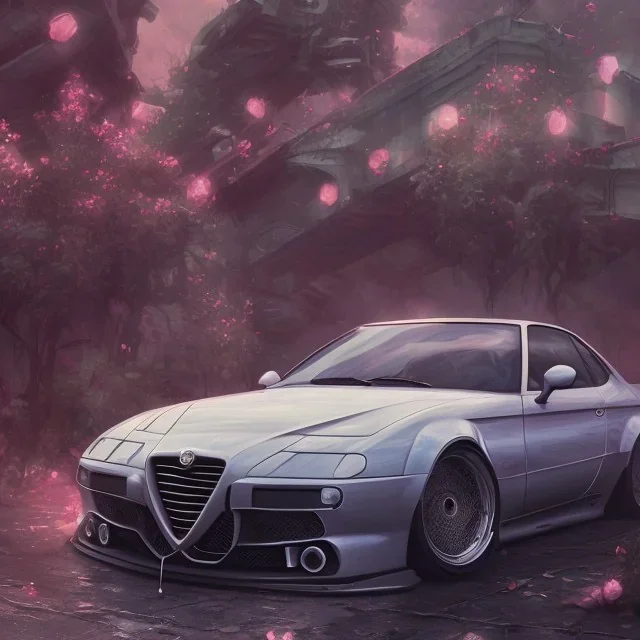 Alfa Romeo, dans un nuage de fleur, concept art, réaliste, synthwave