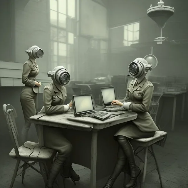 cute girls sitting at the computer in military gas masks. one of the girls is sticking out of the channel