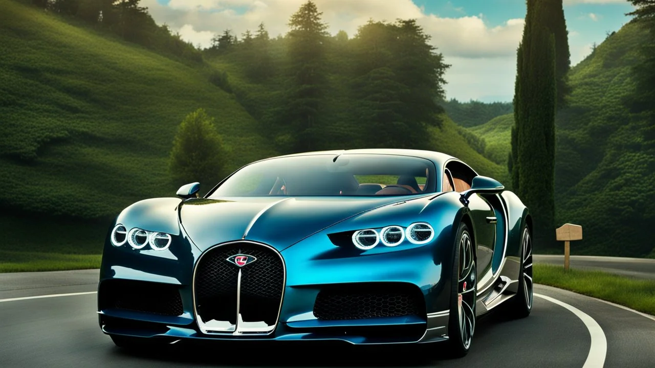 A sleek rear view of (((a cross of bugatti chiron and bentley))), on street, with hill and trees around, a beautiful clouds and sunny weather, 4K, Superdetailed, No mistakes