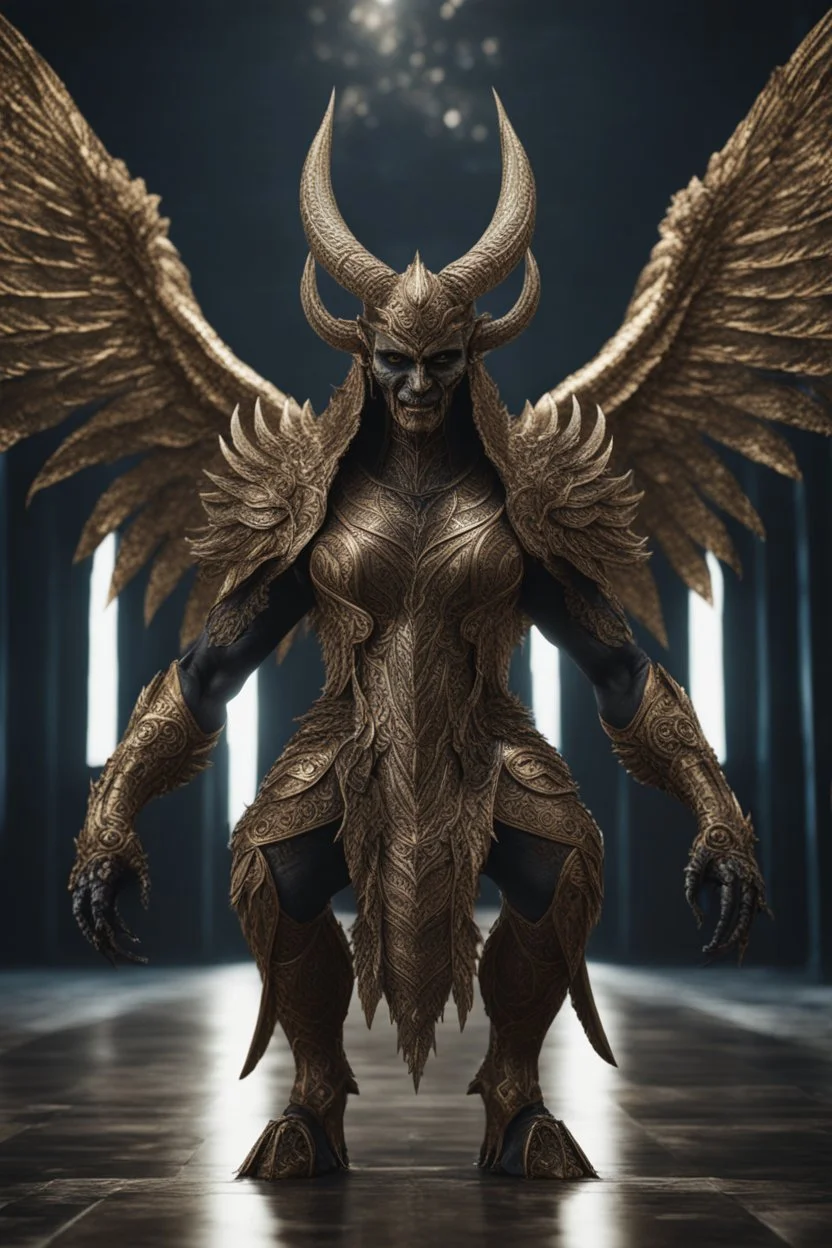 Facing front Monster Demon Wings Full body front glistening oiled shiny, intricate, Exquisite details and textures, highly detailed,photography, sharp focus, tribal background,photography 8k