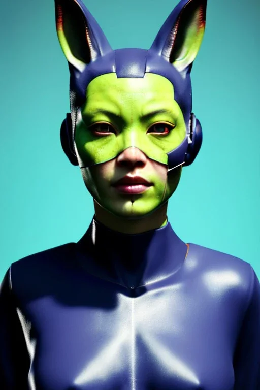 Medium Close Up Portrait, Front image. cyberpunk, rabbit mask, asian woman, cyborg hair. Latex suit army. white, yellow, color. Wolverine style. Color background, photo studio. Avatar image, highly detailed, concept art, smooth, unreal engine 5, ray tracing, RTX, lumen lighting, ultra detail, volumetric lighting, 3d, finely drawn, high definition, high resolution.