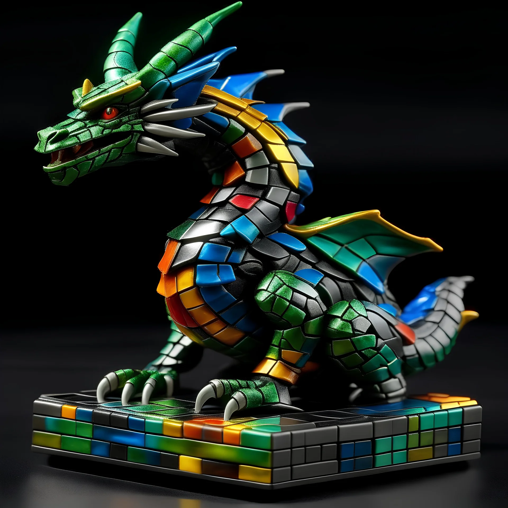Dragon on a Rubik's cube in metallic colors