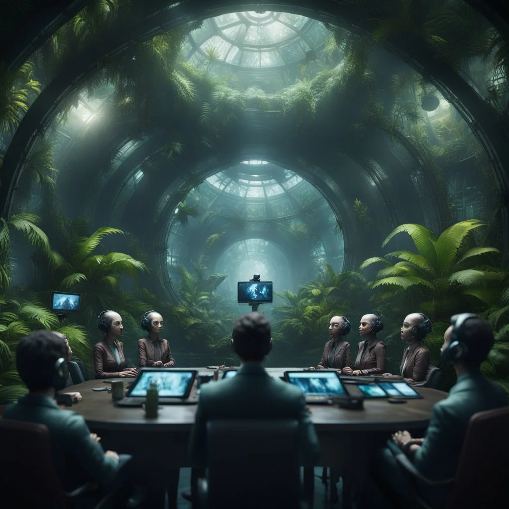 a video conference on video screen with multiple virgin aliens held by a scientist in dark lit reflective wet jungle metallic hall dome hotel tunnel, in the style of a fallout 4,bokeh like f/0.8, tilt-shift lens 8k, high detail, smooth render, down-light, unreal engine, prize winning