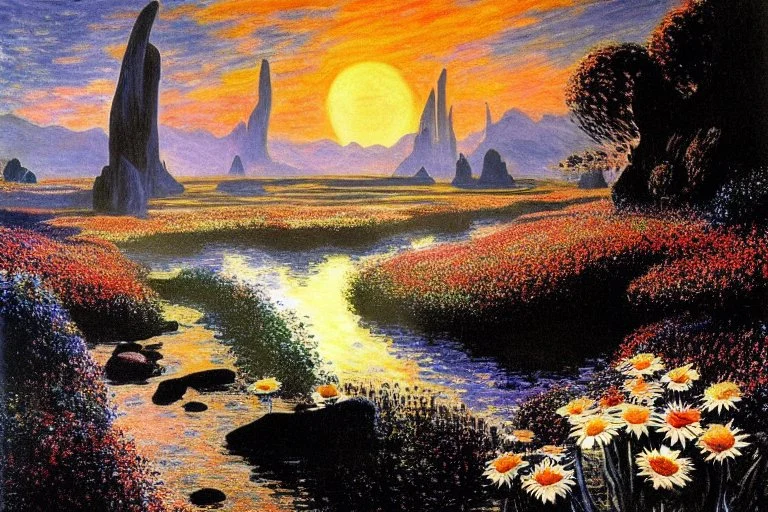 Beautiful epic sunset, logan's run 1976 movie influence, cosmic, people, rocks, holiday influence, river, flowers, very epic and philosophic, claude monet impressionism paintings