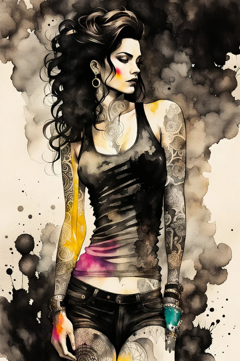 an abstract and serene ink wash and watercolor full body lithographic illustration of a tattooed goth girl with highly detailed hair and facial features , finely drawn and inked, 4k, hyper detailed and vibrantly colored in the comic art style of Bill Sienkiewicz and Frank Miller