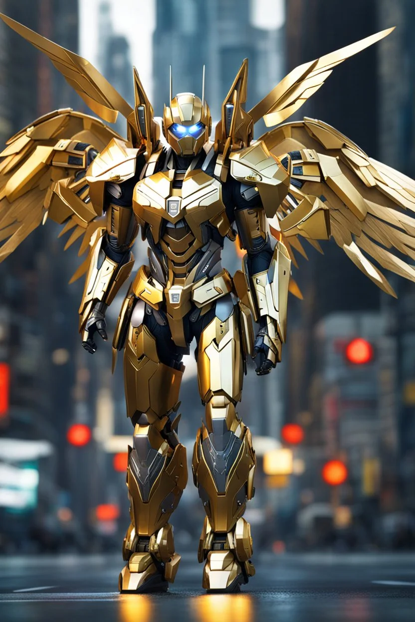 Android concept ,full body photo realistic, golden ratio, symmetric,warrior angel, straddle wings, mecha, transformer, metallic shiny armour , curcuits, leds, weapons on forearms, intricately detailed, ray tracing, octane render, walk on city street