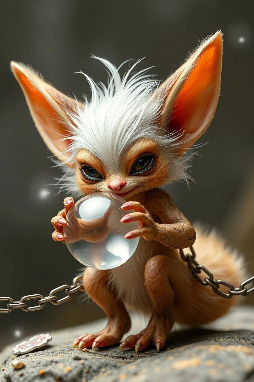 close up on glorious transparent transcendent cute hairy gremlin elf fairy fox holding ball in chain, built as bubble wrap art