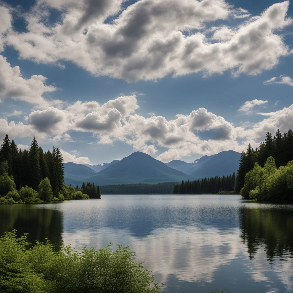 An image of a clear blue sky with fluffy white clouds, reflecting in the calm waters of a serene lake surrounded by lush green trees and mountains in the distance.