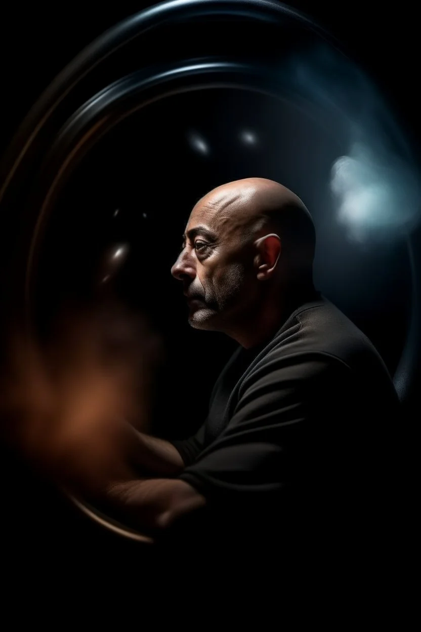 Joe Rogan experiencing mach 5 in small space pod going through future portal, motion blur, smoke, 8k, downlight, soft light, depth of field, photorealism, trending on art station, lotsa detail