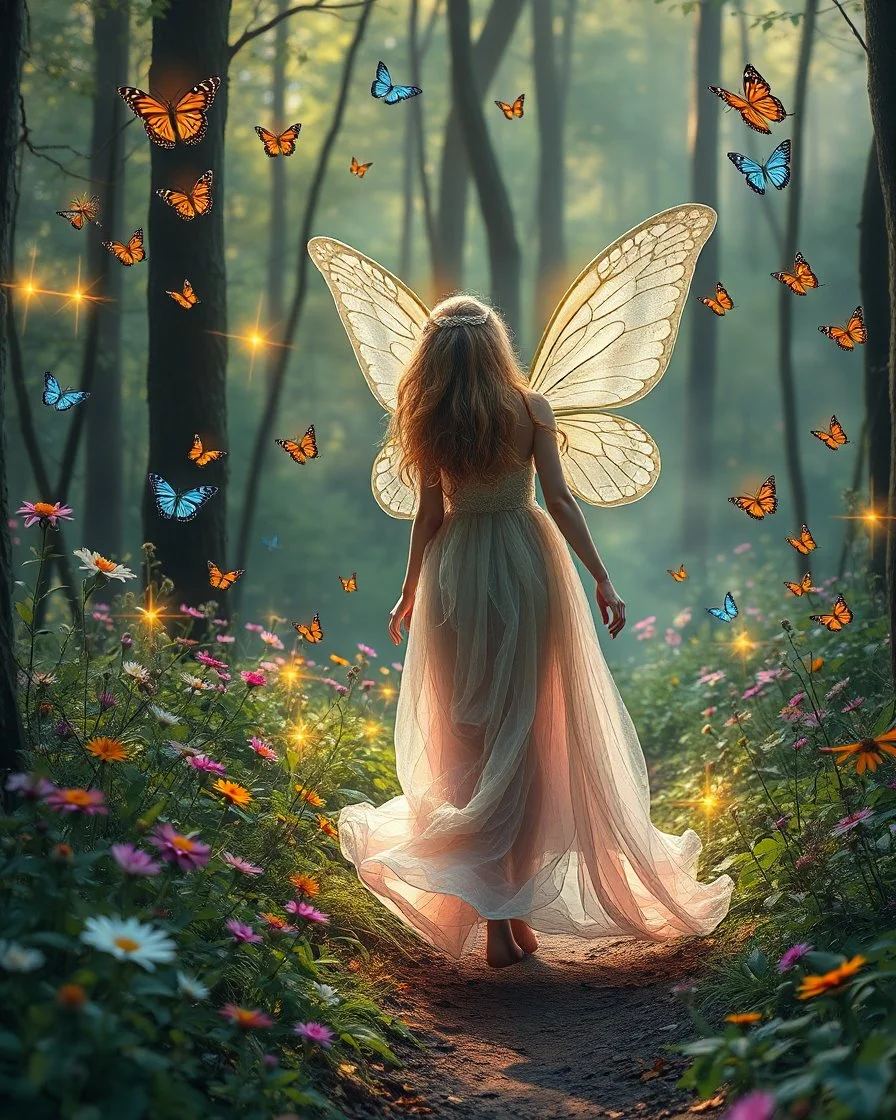 Beautiful Lady Fairy walk in forest with flowers and many colourful butterflies and fireflys, photography art