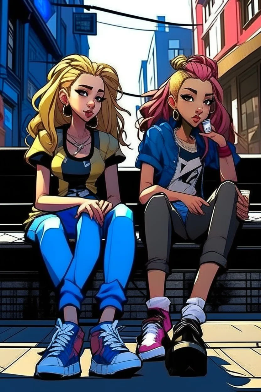 çizgi roman tarzıiki kız beraber sokakta oturuyorlar yaşları daha büyük liseliler daha renkli kızlardan birinin saçı kabarık diğerininki ise biraz uzun geniş açı ikisininde vücudu tam görünsün 2 boyutlu çizgi roman tarzı koyu gölgelendirme ayakları düzelt 3 boyutlu biraz daha üç boyutlu