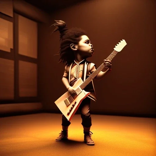 Origami, 3d render, Alice Cooper toddler, full body, guitar, dramatic lighting, volumetric lighting, music studio, background, hyper realistic, unreal engine 5, 8k, UHD,