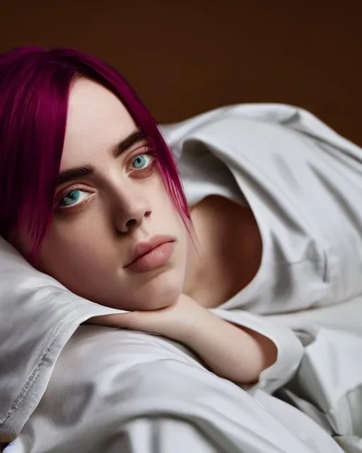 Billie Eilish, full body, on the bed, pale skin, high detail, realistic, 8k, not to be distinguished from a photo, identical pupils