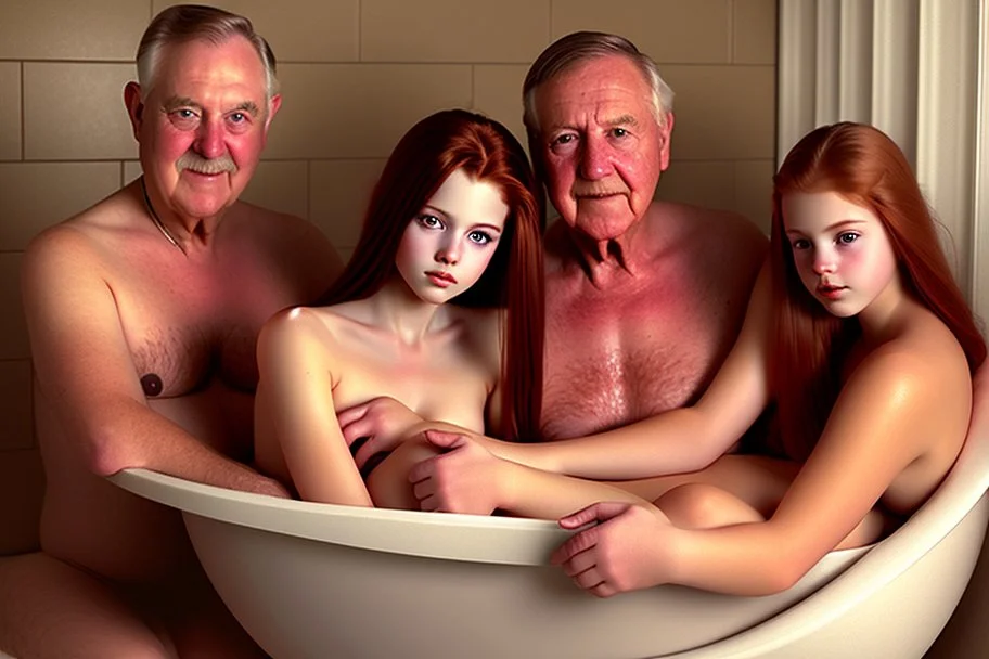 digital art of beautiful young auburn hair teenage girls with dad in the bedroom in a bathtub with grandpa hugging bare lips