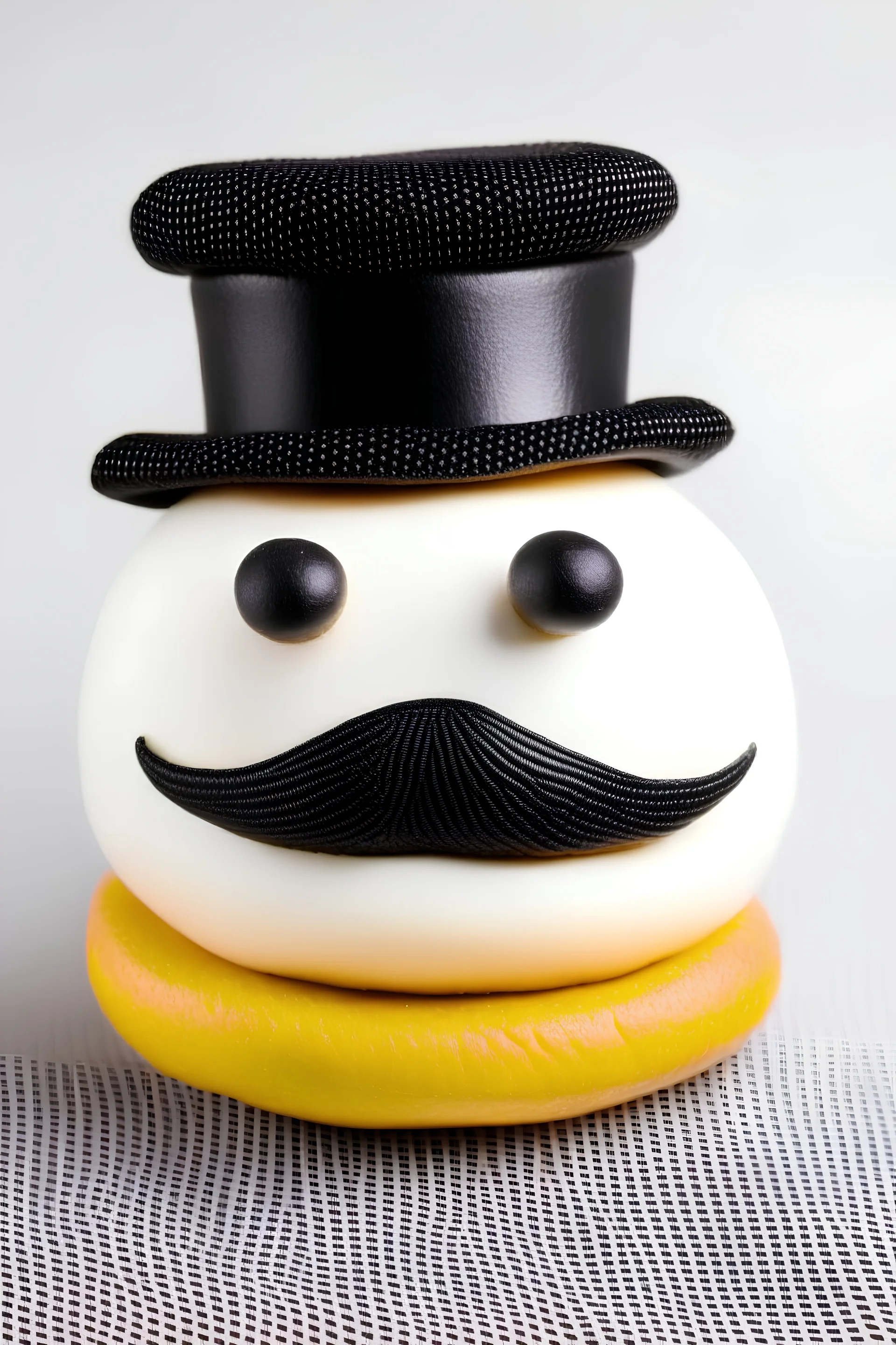 A burger roll with a mustache and a chef's hat.