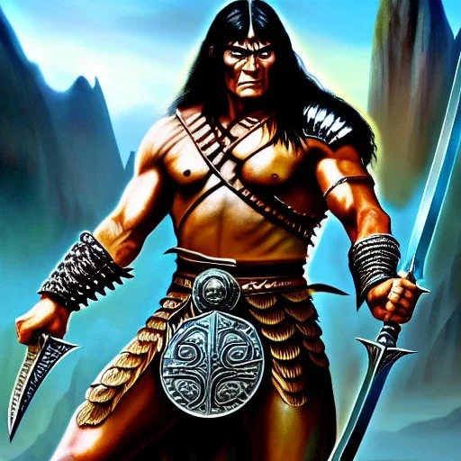 ultra detailed fullbody portrait of Conan, intense stare ,wearing metal armor, Holding Conan The Barbarian Atlantean Sword,extremely detailed digital painting, intrincate, extremely detailed face, in the style of Ohrai Noriyoshi and robert e howard and pablo oliveira and ARTGERM and Ken Kelley and Keith Parkinson,mystical colors,perfectly centered image, perfect composition, rim light, beautiful lighting,8k, stunning scene, raytracing