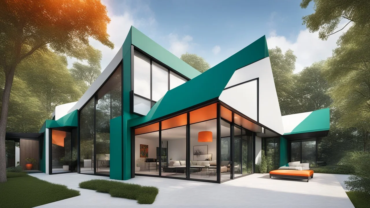 A vibrant single-family home stands out against a lush green backdrop. Its exterior is a playful patchwork of: Emerald green panels, Tangerine orange sections, Sky blue accents. Black steel beams form a striking geometric structure, framing large windows and creating an artistic, modern silhouette. Airy white fabric awnings gently billow in the breeze, softening the angular architecture. These airy elements provide shade over: A wide wooden deck. In the foreground, a natural-looking pond reflect