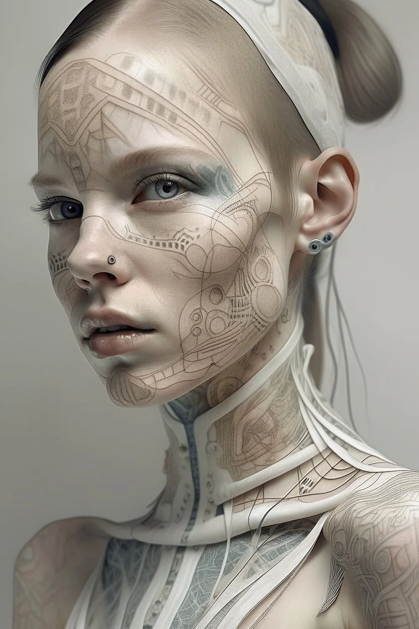 Portrait of a woman, creamy colors, robotic skin, embroidery on skin