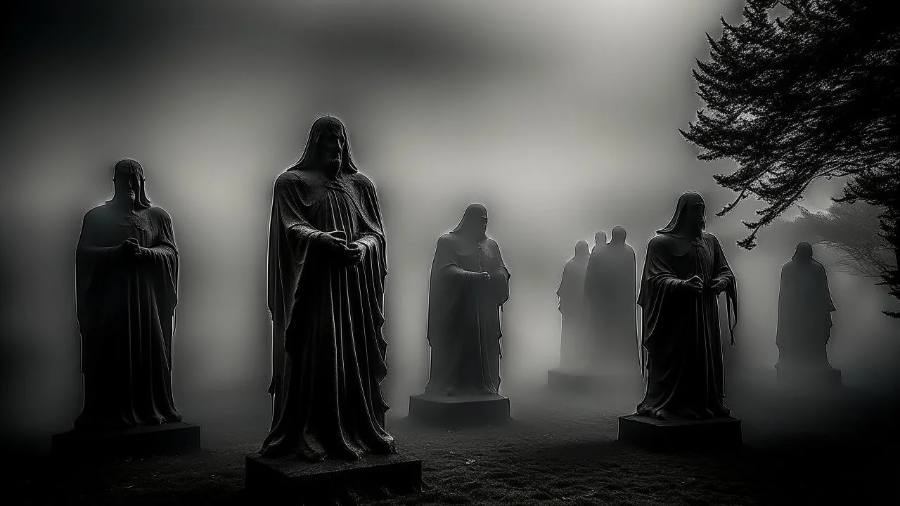 Generate the image: dark, sinister smoke fills the frame, enveloping the viewer in a thick, eerie fog. Within the mist, mysterious and otherworldly sculptures take shape, their outlines vague and ambiguous. The statues seem to have a life of their own, as if they breathe and pulsate with an unknown energy, inviting the viewer to come closer and discover the true nature of their existence.