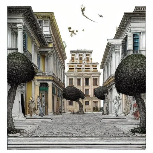 Square+Vignola classicism palladio architecture +detailed facades+human scalades+beautiful, liveable urban square lined with with richly detailed houses and shops, ,street trees,ornamental flowers +uphill road+biopunk+Book illustration by Gediminas Pranckevičius, Jean Baptiste Monge, Brian Kesinger, Anton fadeev, Kilian Eng, strong lines, high contrast vibrant colors, highly detailed, 16k resolution, trending on behance