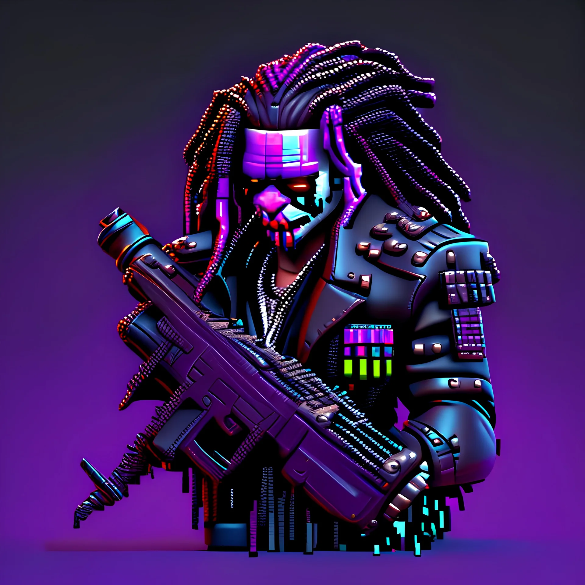 (((((3d pixel art nft style))))) ((( terminator clown with purple dreadlocks wearing a black terminator style leather jacket and shotgun, with a strong focus on the details))) ((((best quality, ultra-detailed, UHD 32k, vector illustration, nft character, trending on all NFT marketplaces, valued at a record-breaking price to purchase nft))))