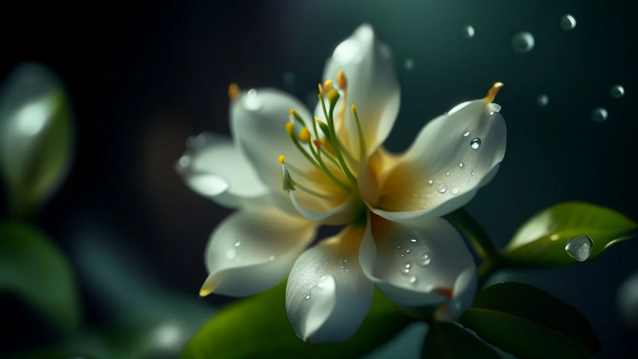 Jasmine flower, shiny paper, beautiful, exciting details, and a fantastical sister.Canon EOS Nikon D850.Cinematic shot with soft depth of field