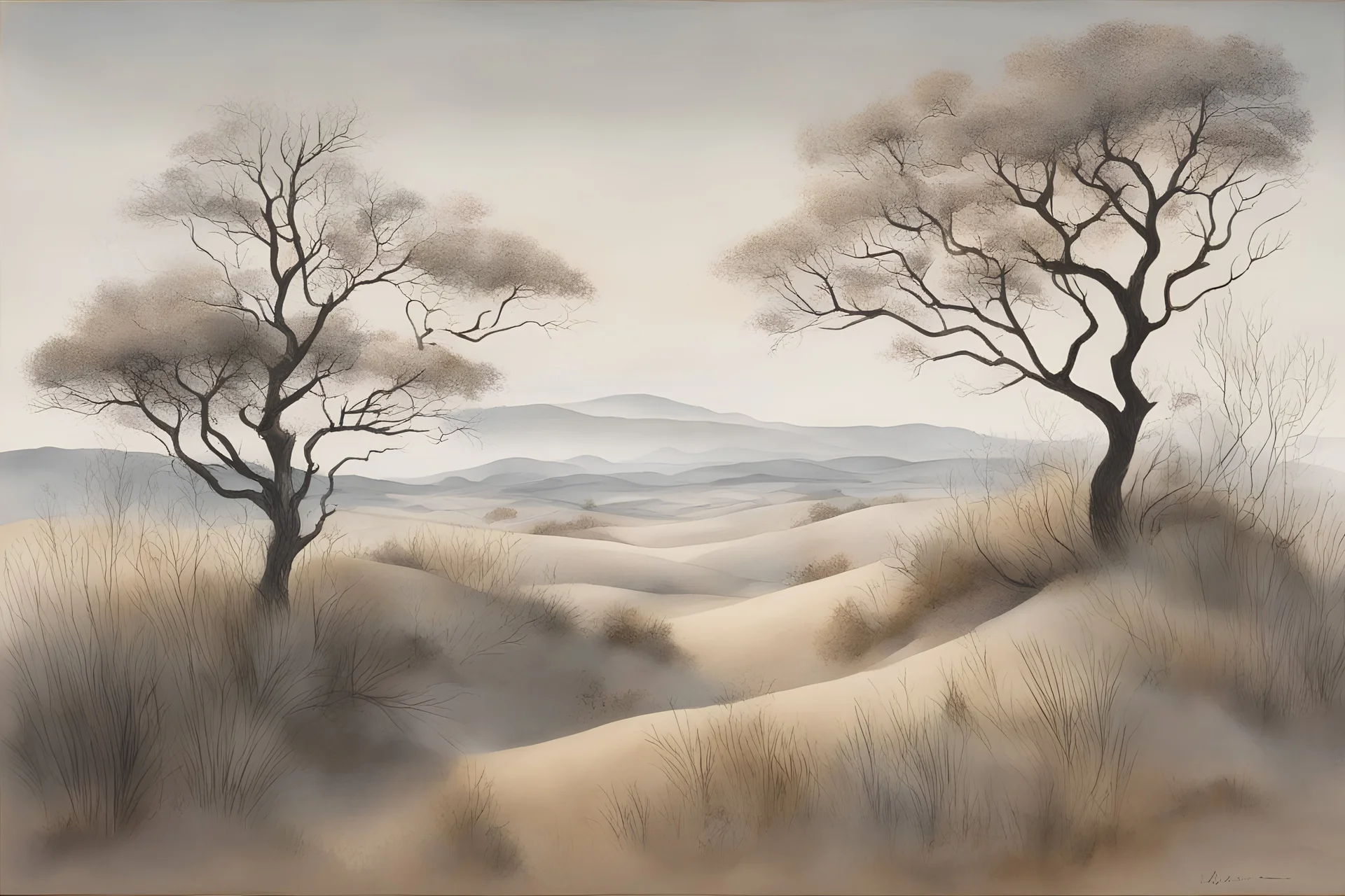 paper cut out of fog shrouded, grassy sand dunes with scrubby trees in the style of gray sand, almondine, and laurel oak, realist detail, soft watercolours, illusionistic ceiling frescoes, minimalist detail, album, folio and fan formats, fine lines, delicate curves --ar 2:3 --style raw --v 5.1 --s 750