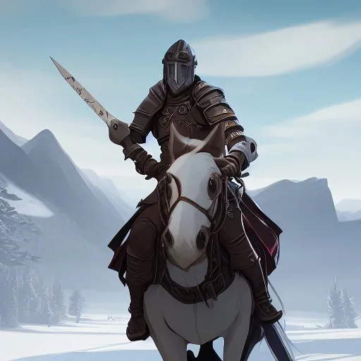 medieval knight traveling on a horse surrounded by mountains