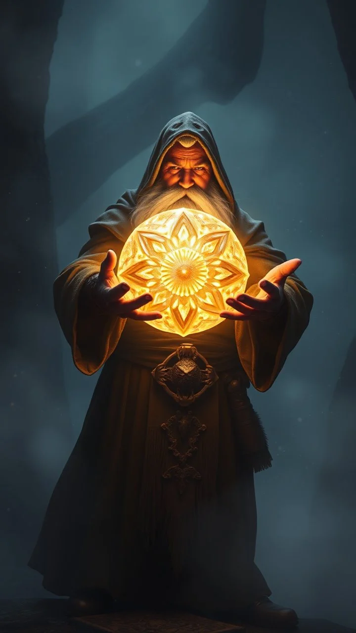 dwarven priest expert holding up a radiant Painite crystal rosette ball shooting radiant light through the fog