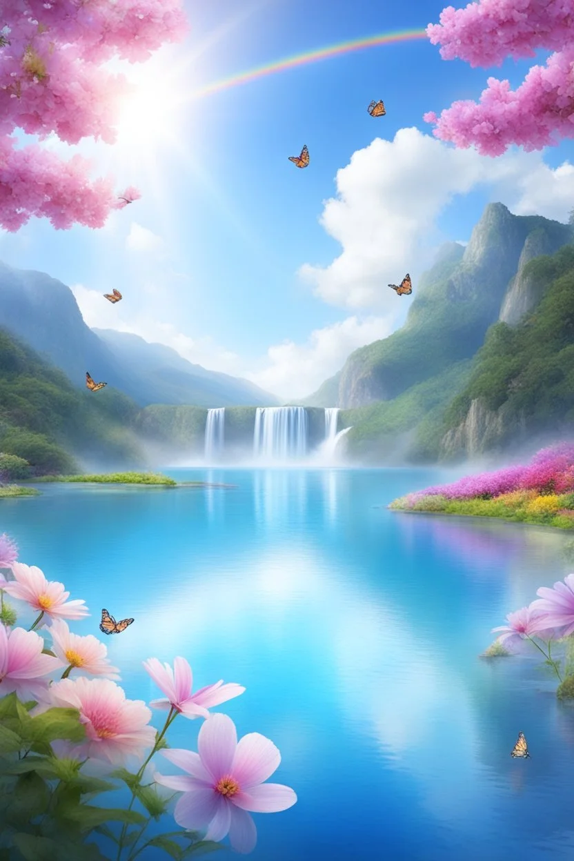 fantastic,Beautiful garden, flowers,rainbows, cascades arc en ciel, papillons colorés