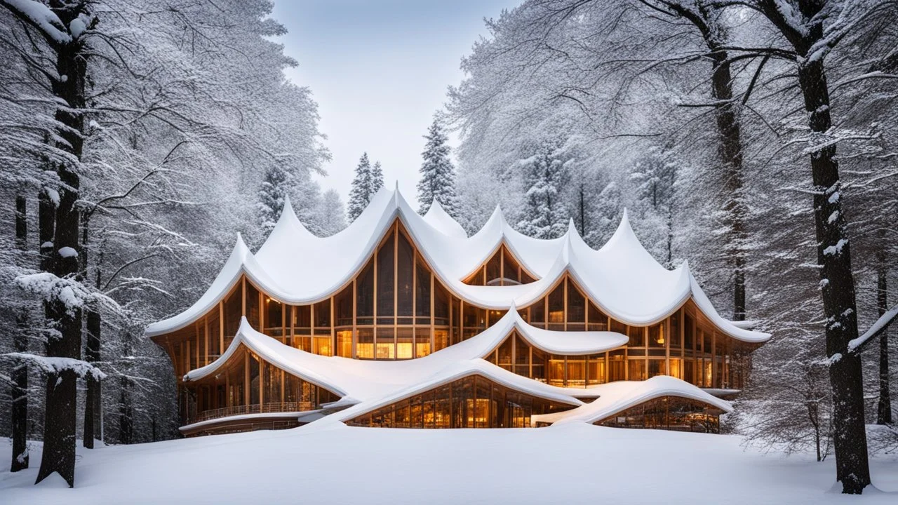 2055, rule of thirds, delightful, sensitive, confident, undulating sinusoidal theatre with pointed hyperbolic roofs, forest, delicate, thick snow, symmetrical, exquisite architecture, innovative design, perfect symmetry, award-winning photograph, beautiful composition, filled with beautiful detail, delicate colour, chiaroscuro