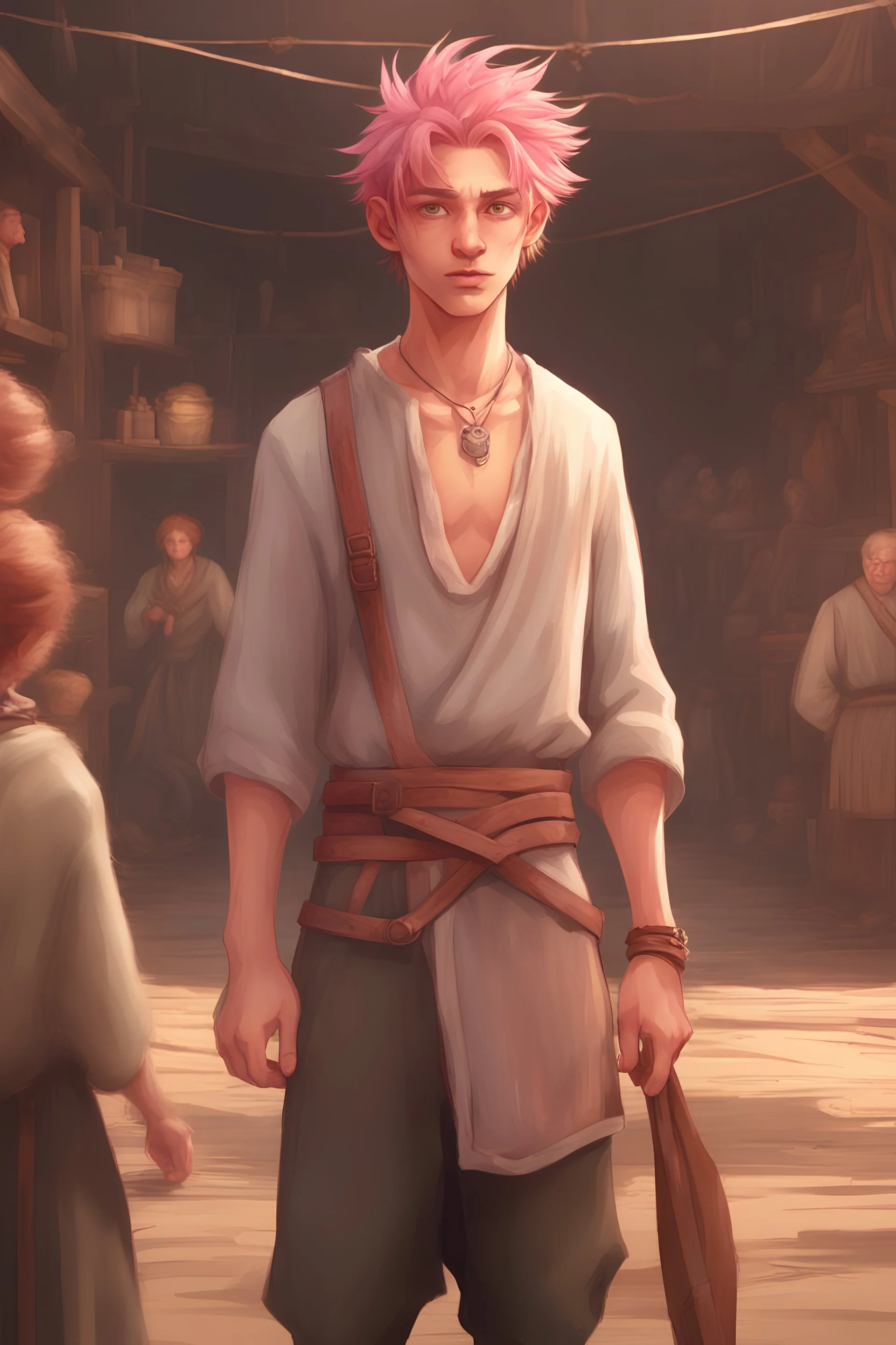 teenage of young man of average height and appears to have a slender build when wearing baggy clothing, has a lean and muscular physique. He also has relatively large light brown eyes and spiky pink hair that's styled in an undercut fashion running inside a mediaeval market, dressed in peasant clothing, digital art, 4k.