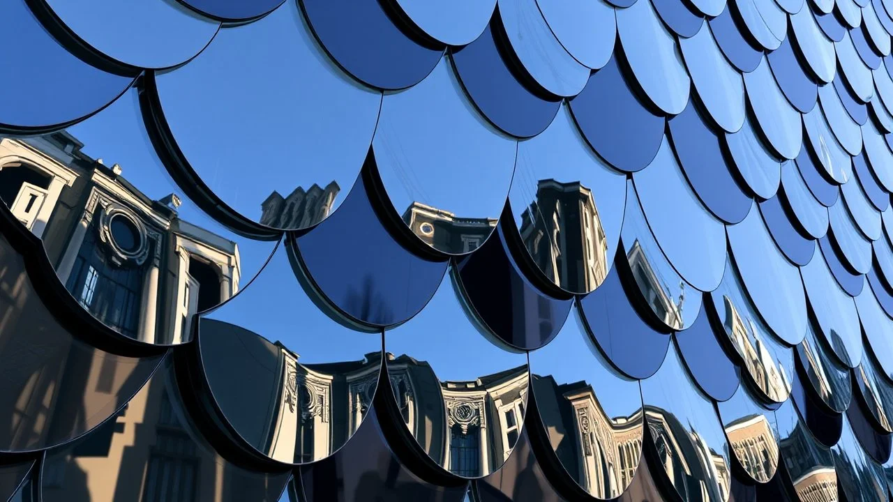 Mirrored steel and smoked glass scales forming a building that appears to shift colors depending on the angle.
