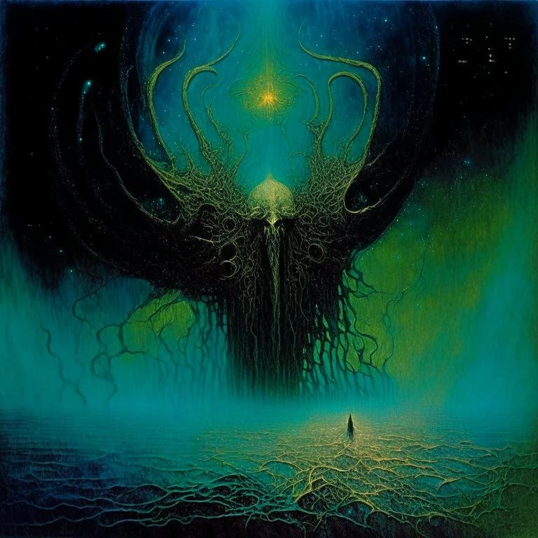 Music lyrics to image: " ancient Dagon and Cthulhu Not dead but dreaming ...disgorged into a sea of stars!" (metal album cover artwork by Zdzislaw Beksinski, Michael Whelan, Brian Froud:1.6). ((Themes: lovecraftian horror, eldritch gods, existential dread)), masterpiece, intricate detailed, 8k resolution, absurd res, hyperdetailed