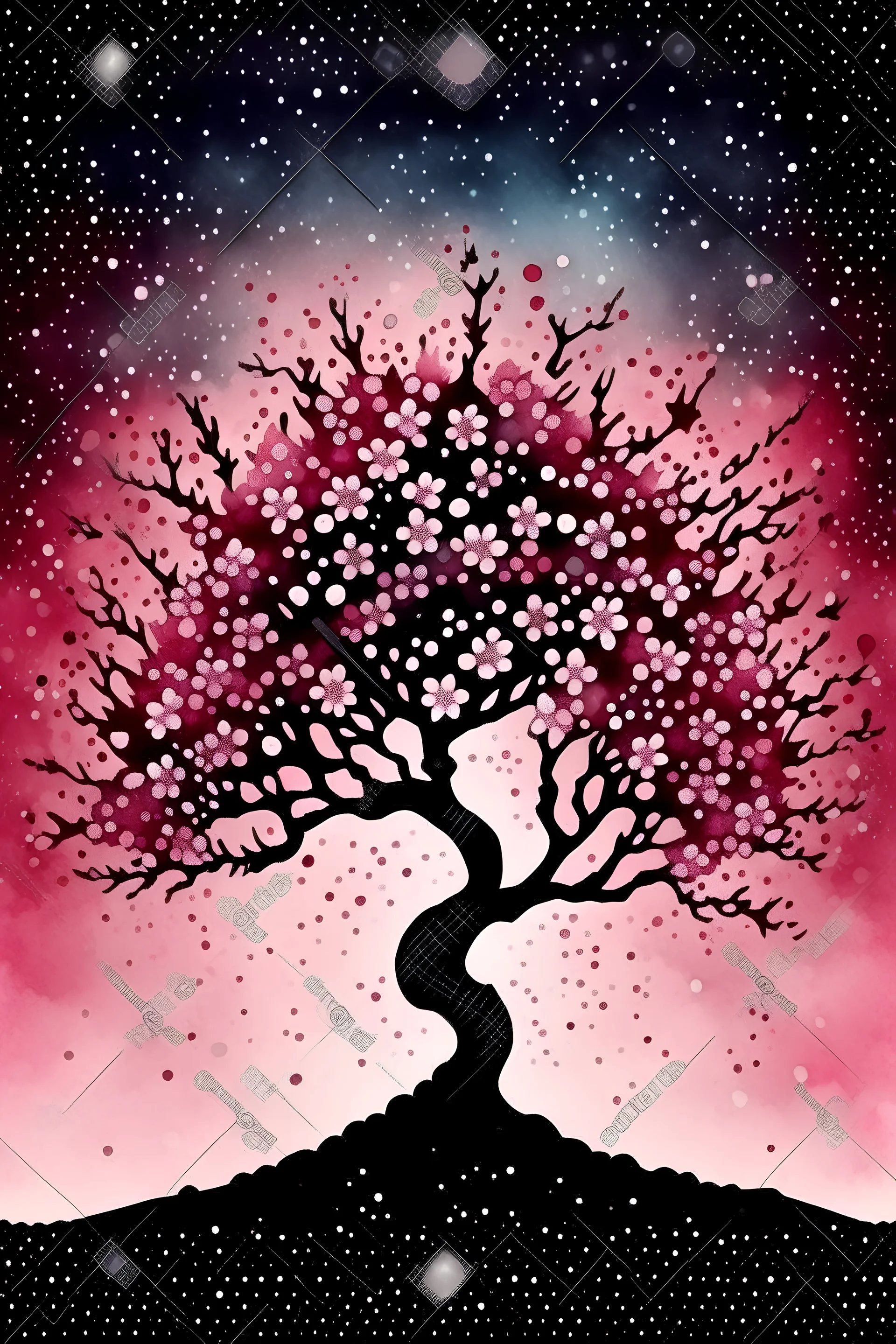 Watercolor painting of a Japanese cherry tree in bloom, isolated on a cosmic background, muted colors