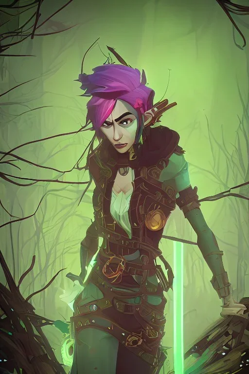 steampunk elf in a neon dystopian forest