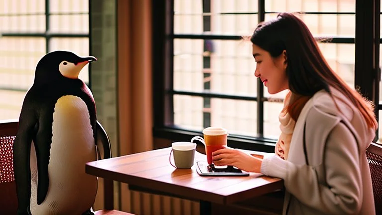 young woman talk to a penguin in coffee-shop