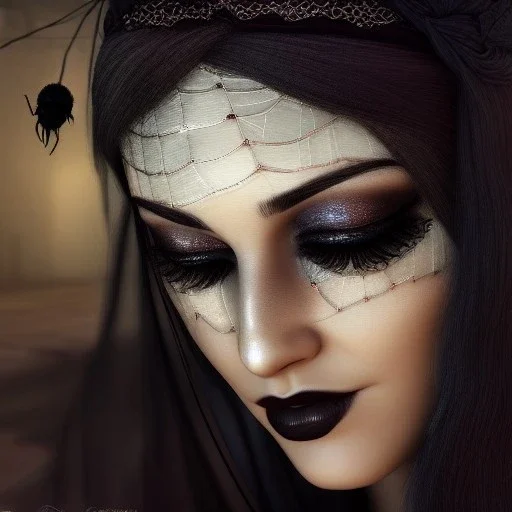 woman asleep on satin pillow with spiderwebs on face and mascara running down face, gothic, 8k, high-quality, fine-detail, intricate, sharp, crisp, digital art, detailed matte, illustration, octane render, brian froud, howard lyon, Anne Dittman, Anne Stokes, Lisa Parker, Selina French