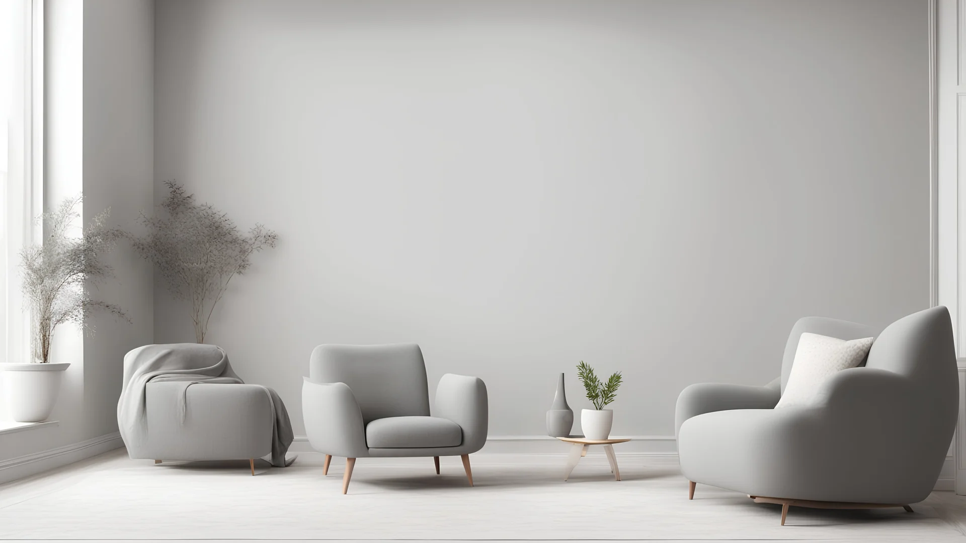 Scandinavian living room with gray armchair on empty white wall background. 3d rendering