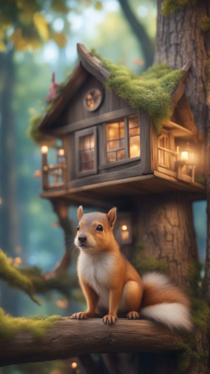 portrait of sleepy dog squirrel in a tree house in wonderful enchanted forest by river,bokeh like f/0.8, tilt-shift lens 8k, high detail, smooth render, down-light, unreal engine, prize winning