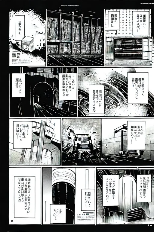 underground tech corridors, manga page, grayscale