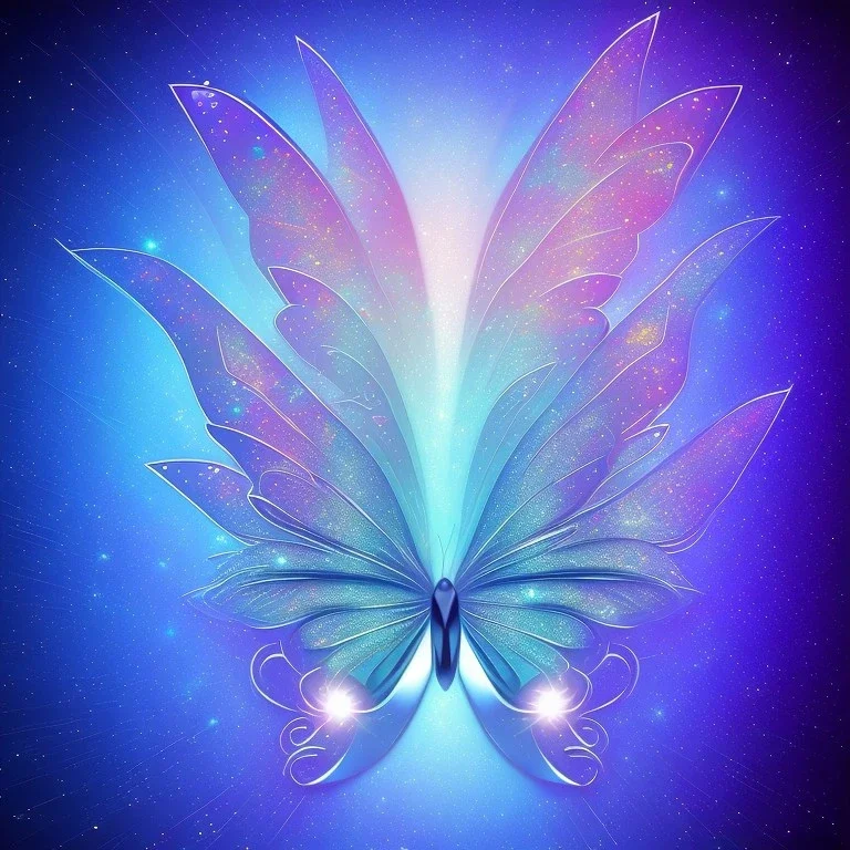 subtle transparent bright glitter blue butterfly, light, galactic, subtle flowers