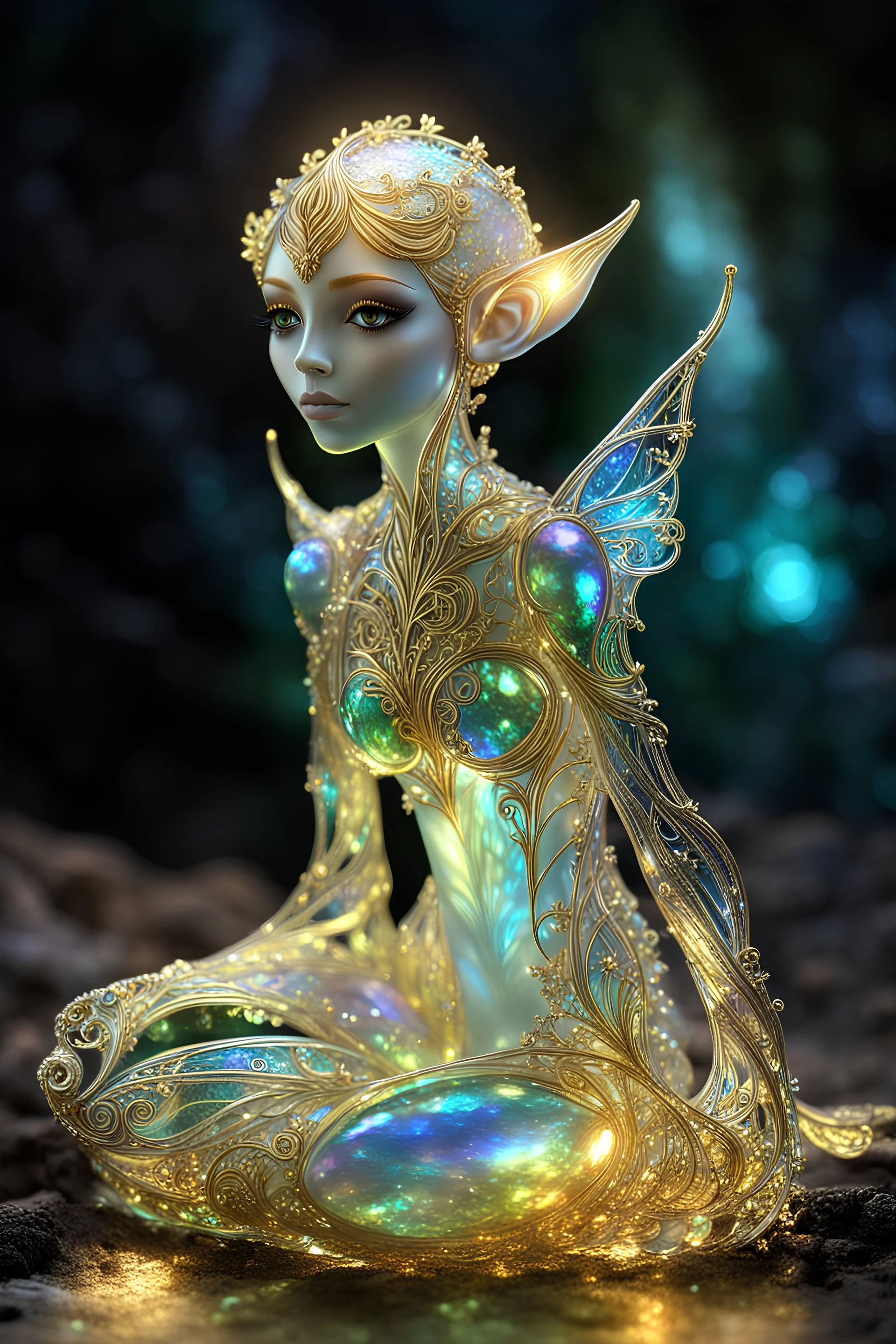 extremely delicate iridescent Elfin made of glass, sitting, video game style, translucent, tiny golden accents, beautifully and intricately detailed, ethereal glow, whimsical, art by Mschiffer, best quality, glass art, magical holographic glow\\n, Broken Glass effect, no background, stunning