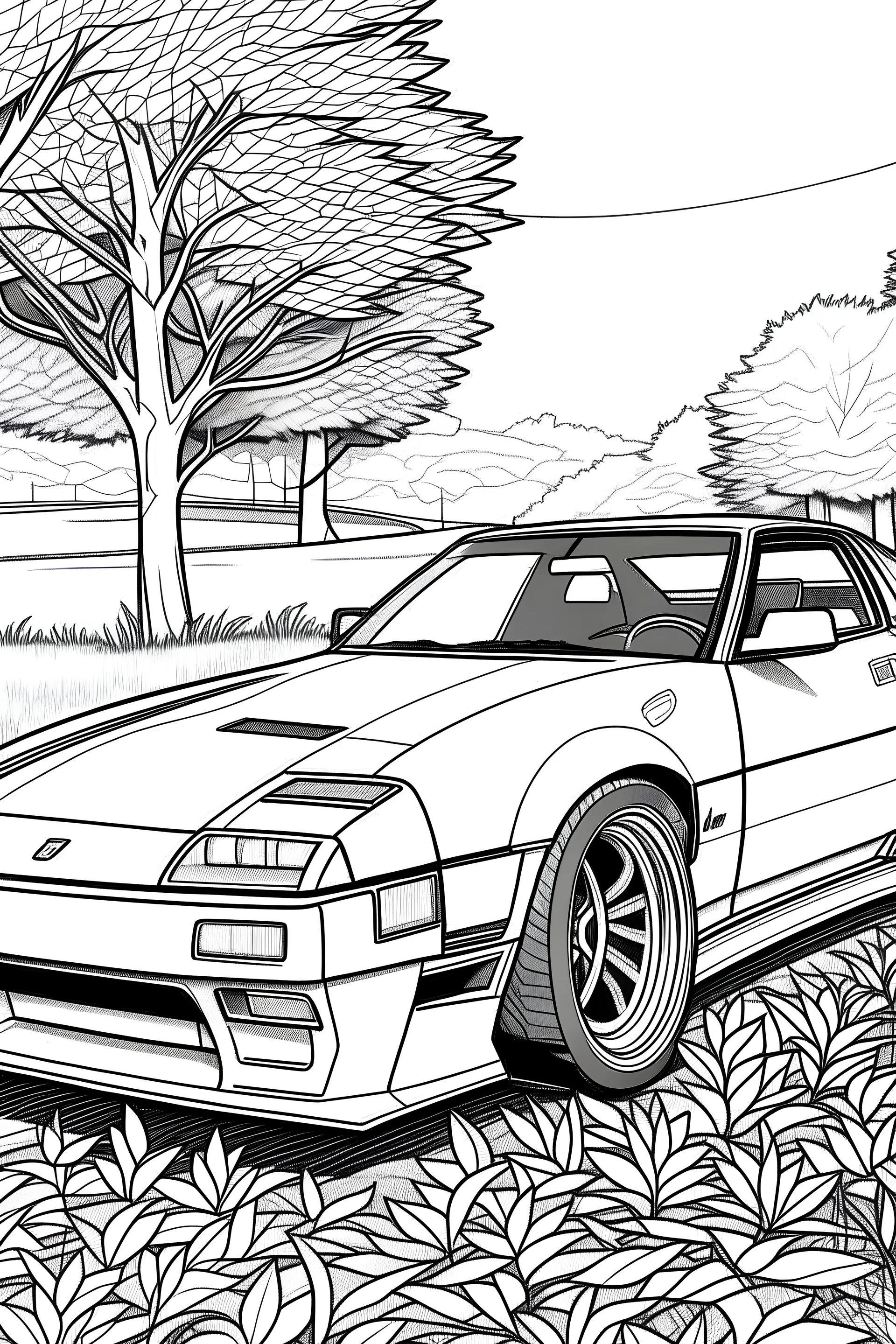 coloring page, alternative Nissan 300ZX (1984) car parked in a park, cartoon style, thick lines, few details, no shadows, no colors