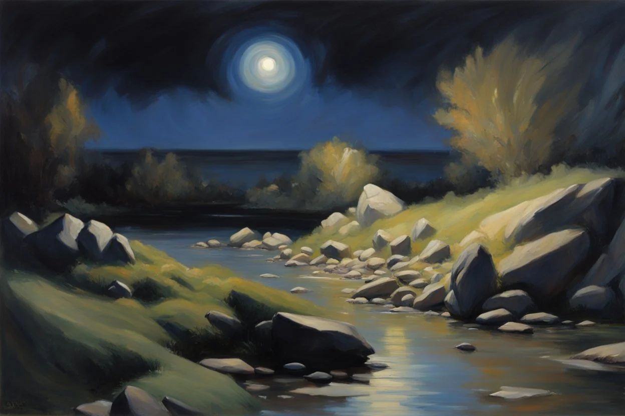 Rocks, night, 2000's sci-fi movies influence, alfred munnings impressionism painting