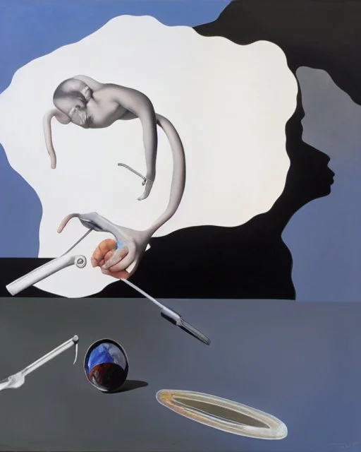 human body, universe-like light, complex surgical instruments mixed with a newborn boy,minimalism,Painting By Adrian Ghenie, Rene Magritte, Salvador Dali, Lucian Freud