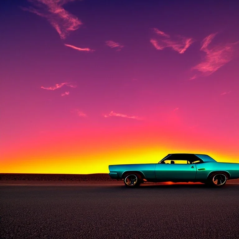 muscle car, desert road, sunset, full colour,